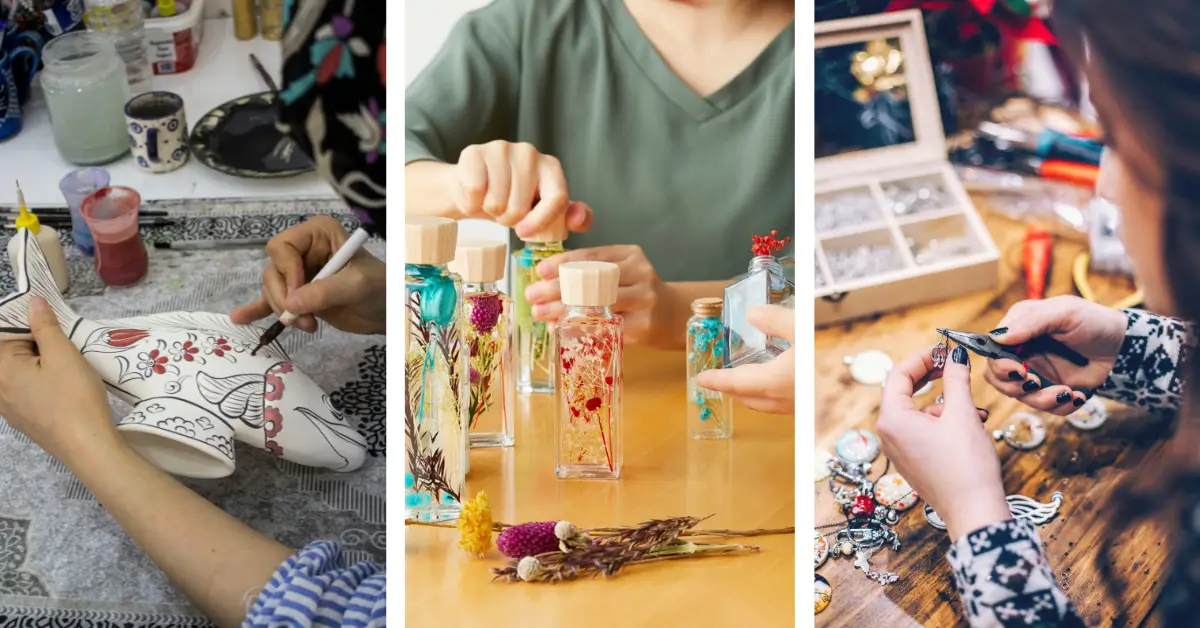 Artesanato sustentável: Mãos criativas transformando lixo (como pote de vidro e papelão) em objeto de decoração elegante, simbolizando a criação de renda extra com upcycling fácil.