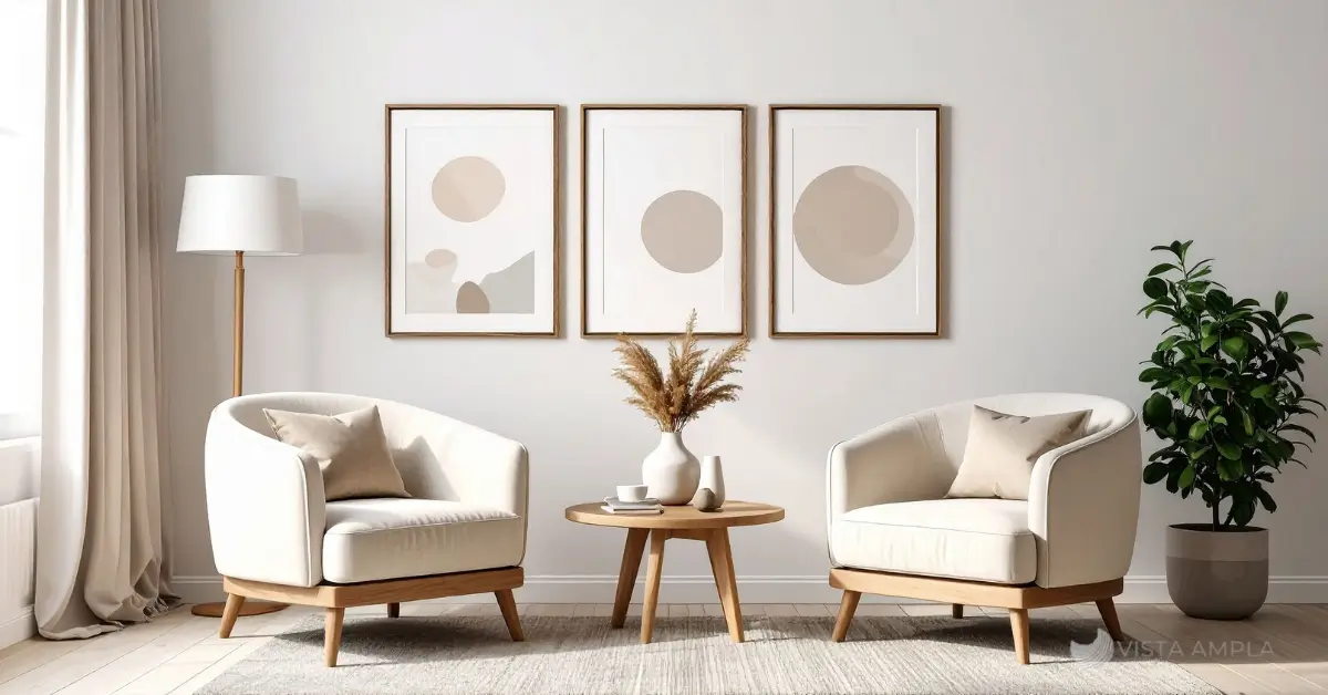 Tendências de decoração 2025: Sala de estar moderna e aconchegante com tons neutros, almofadas texturizadas e plantas, simbolizando a transformação de uma casa com dicas de decoração barata e rápida