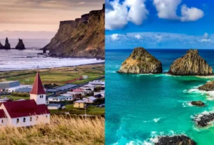 Ideias de viagem no verão 2025/2026: Vista aérea de uma praia tropical no Brasil com águas cristalinas ao lado de uma paisagem montanhosa e vulcânica na Islândia. O contraste de cores quentes e frias representa a diversidade de destinos de verão.