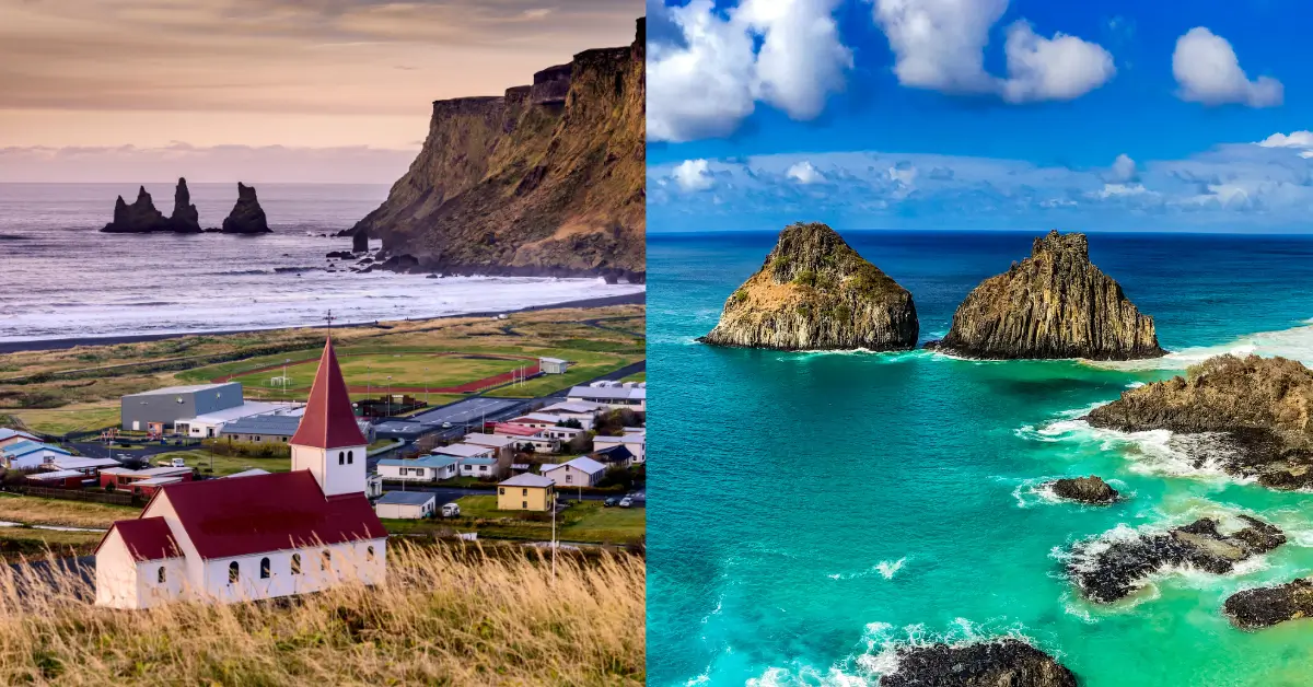 Ideias de viagem no verão 2025/2026: Vista aérea de uma praia tropical no Brasil com águas cristalinas ao lado de uma paisagem montanhosa e vulcânica na Islândia. O contraste de cores quentes e frias representa a diversidade de destinos de verão.