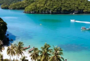 Tailândia praias de areia branca: vista panorâmica da Chaweng Beach em Koh Samui.