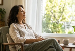 Mulher fazendo uma pausa consciente de mindfulness perto da janela em casa