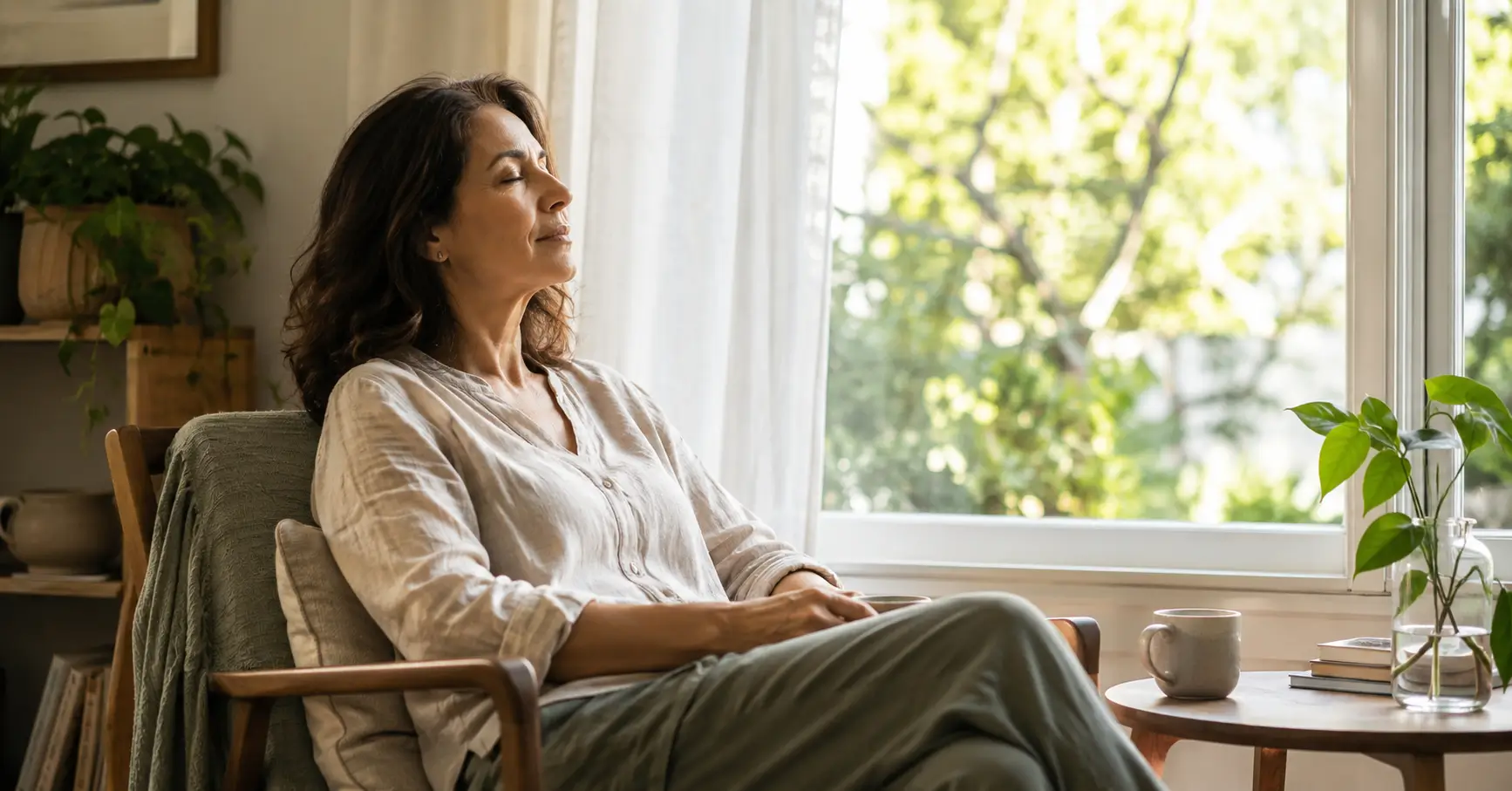 Mulher fazendo uma pausa consciente de mindfulness perto da janela em casa