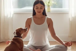 Pessoa a praticar Yoga matinal com o seu cão num ambiente iluminado, demonstrando a rotina de Doga para reduzir o stresse e a ansiedade.