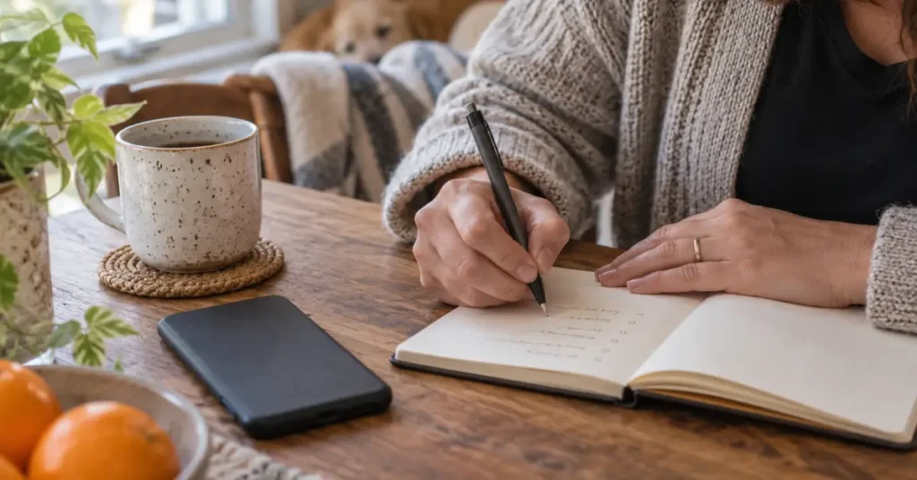 Mulher escrevendo tarefas em um caderno para reduzir a sobrecarga mental
