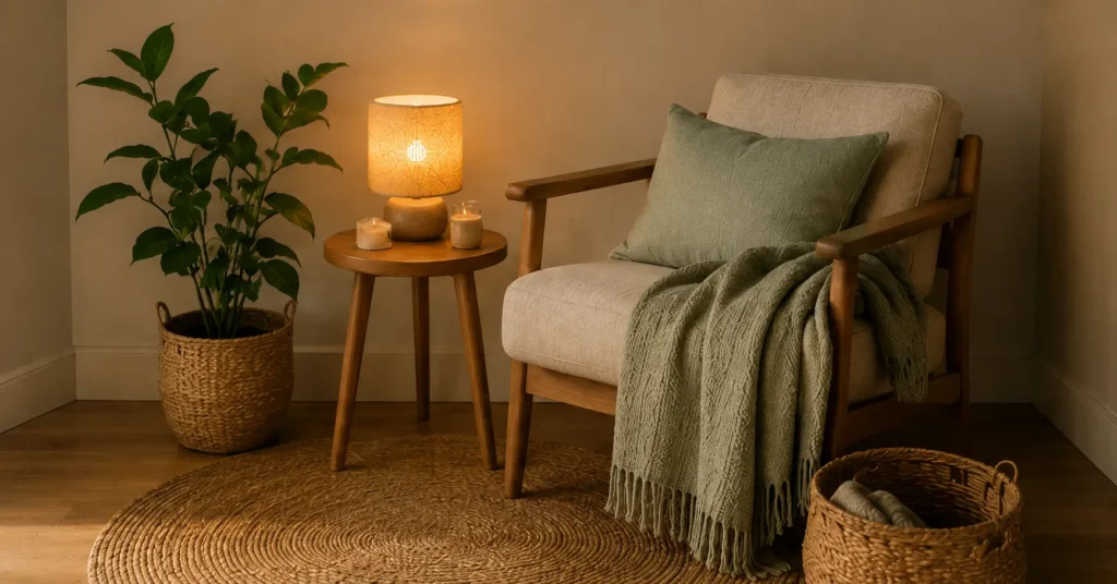 Um cantinho aconchegante em casa pode reunir poucos elementos: assento confortável, boa luz, textura, natureza e espaço para respirar.