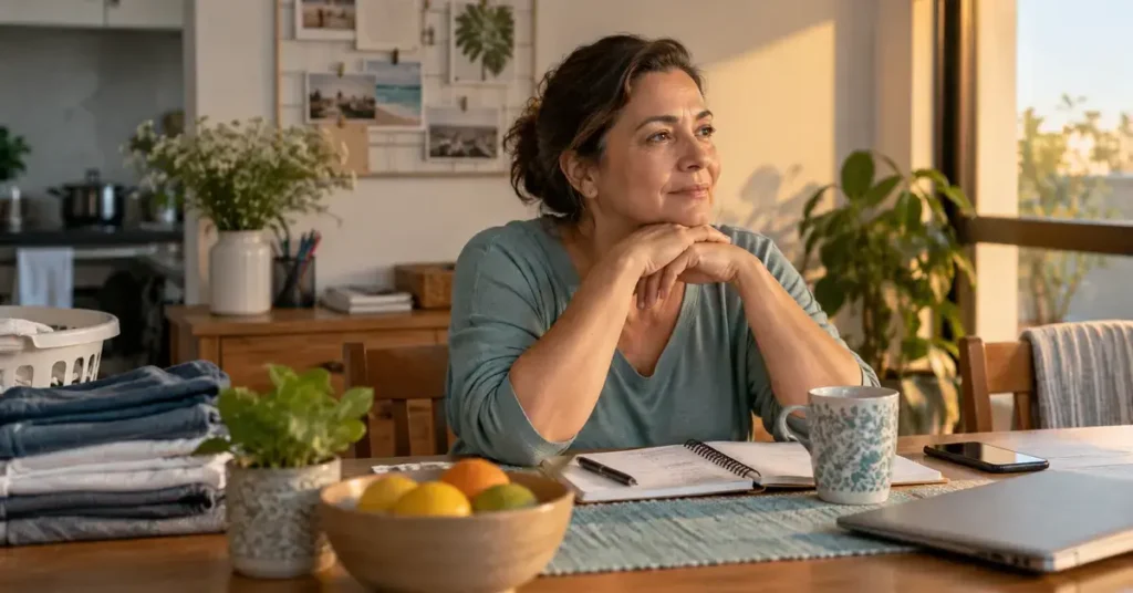 Mulher adulta refletindo sobre deveres e limites em uma rotina sobrecarregada