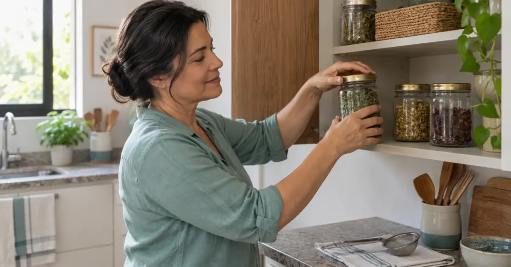 Infusão coada e sachê com ervas secas preparados para banho